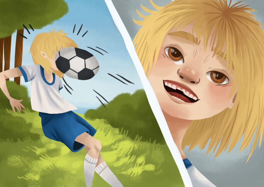 A blonde young girl smiles with chipped front teeth after getting hit in the face with a soccer ball