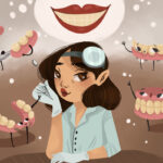 woman surrounded by different types of dentures to explain dentures myths