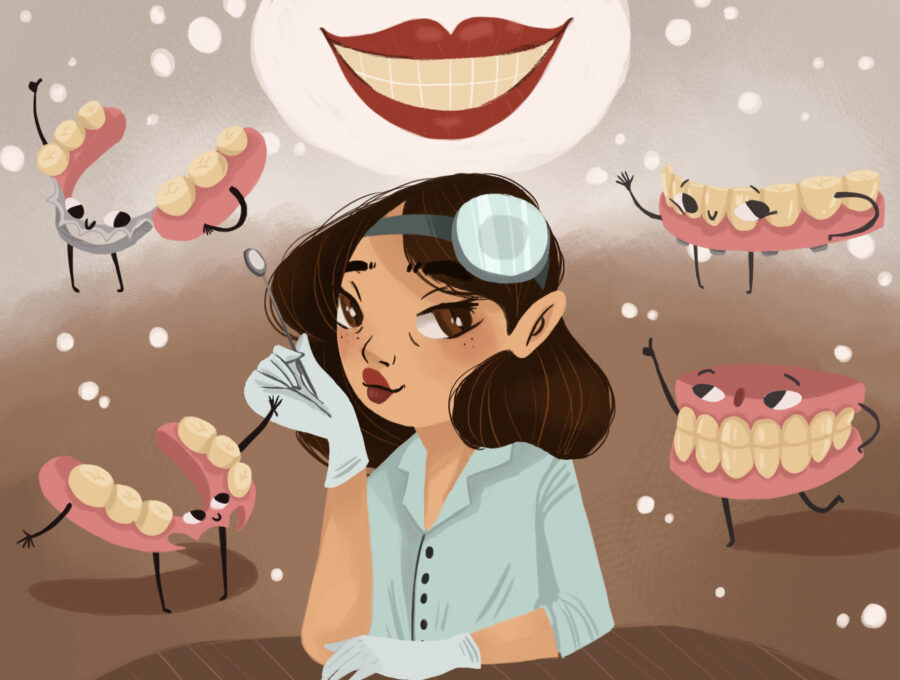 woman surrounded by different types of dentures to explain dentures myths